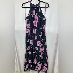 Vince Camuto Navy Black Multi Floral Halter Chiffon Dress Sz 10